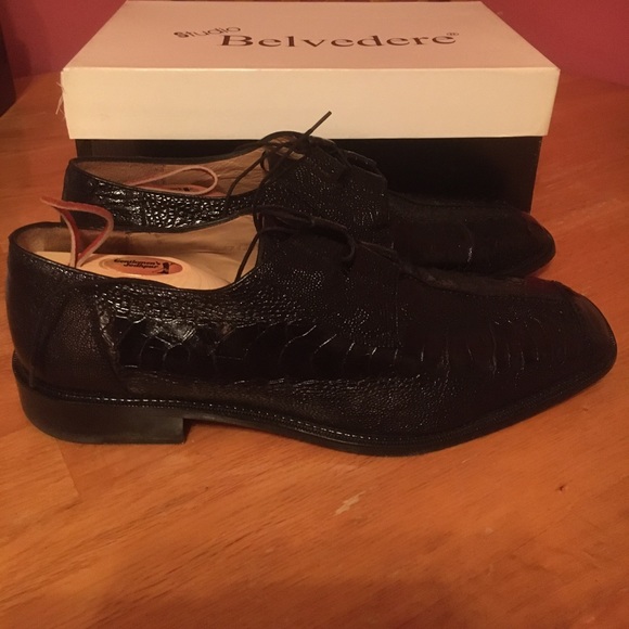 Belvedere black Ostrich lace-up shoes sized 14 US. Gently worn 3x. Authentic. main image 4